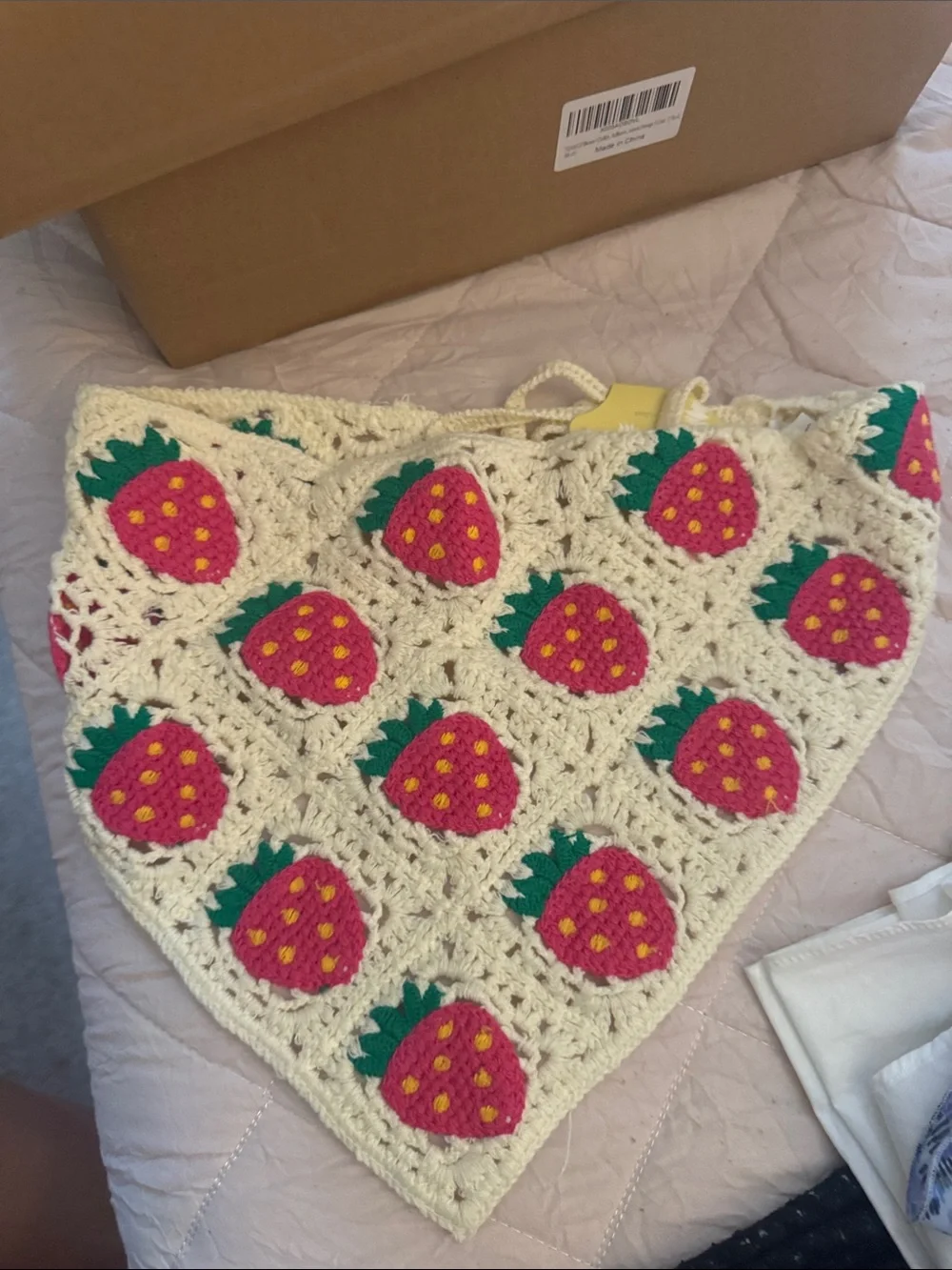 Handmade Crochet Strawberry Triangle Bag Cream and Pink